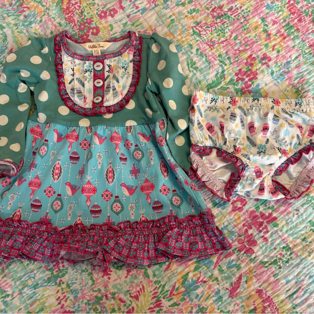 Matilda Jane Holiday & Polka Trim Girls Set — Teal, Pink, Yellow, Aqua